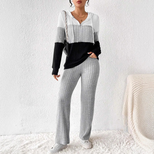 Hooded Top Pants 2-piece Set Fashionable Long-sleeved For Women Autumn Winter Solid Color Loose Knitted Sweatshirt Suit Female