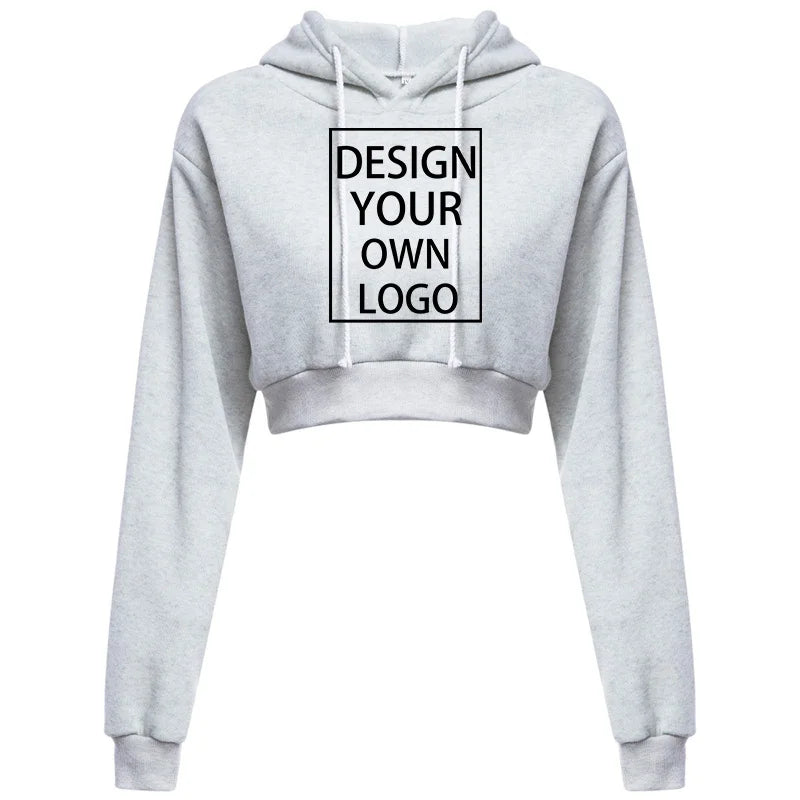 Customized Fashion Womens Sexy Casual Long Sleeve Hooded Short Sweatshirt Plain Crop Tops Pullover Hooded Sweatshirt