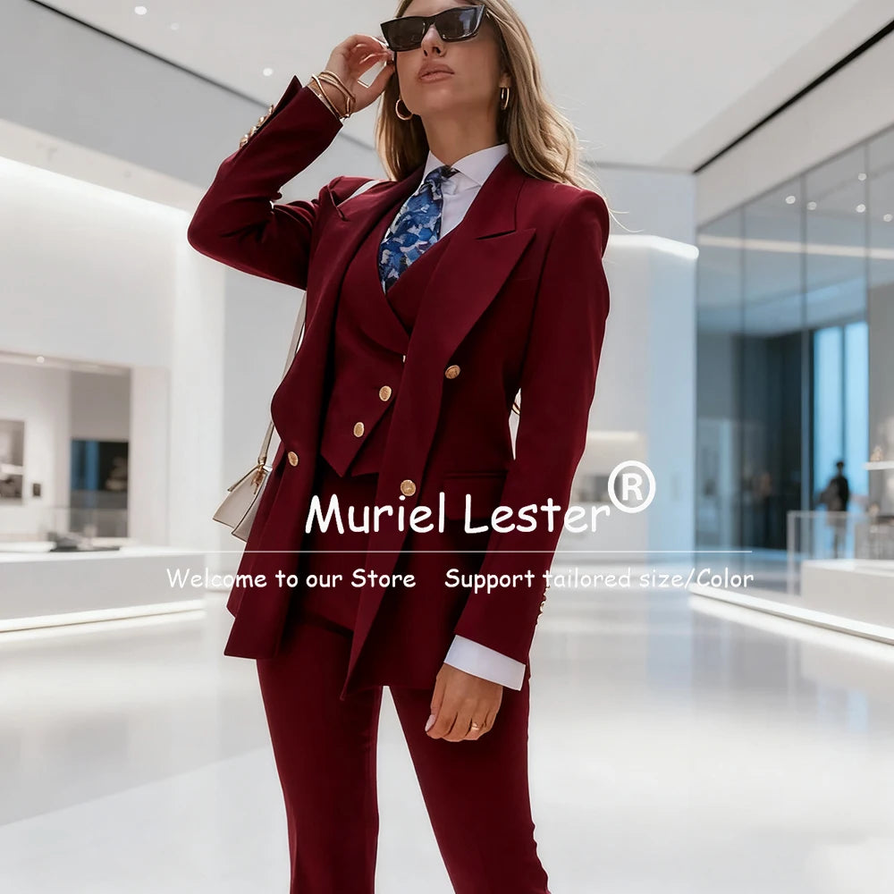 Elegant Blue Women's Suits Double Breasted 3 Piece Sets Jacket Pants Vest Female Clothing Slim Fit Smart Office Lady Blazer