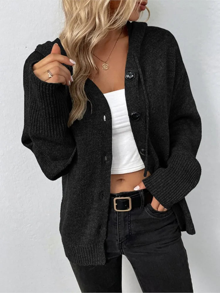 Women New Solid Hooded Sweatshirt Long Sleeve Knitted Cardigan Coat 2025 Autumn Winter Casual V-neck Buttons Loose Hooded Coat