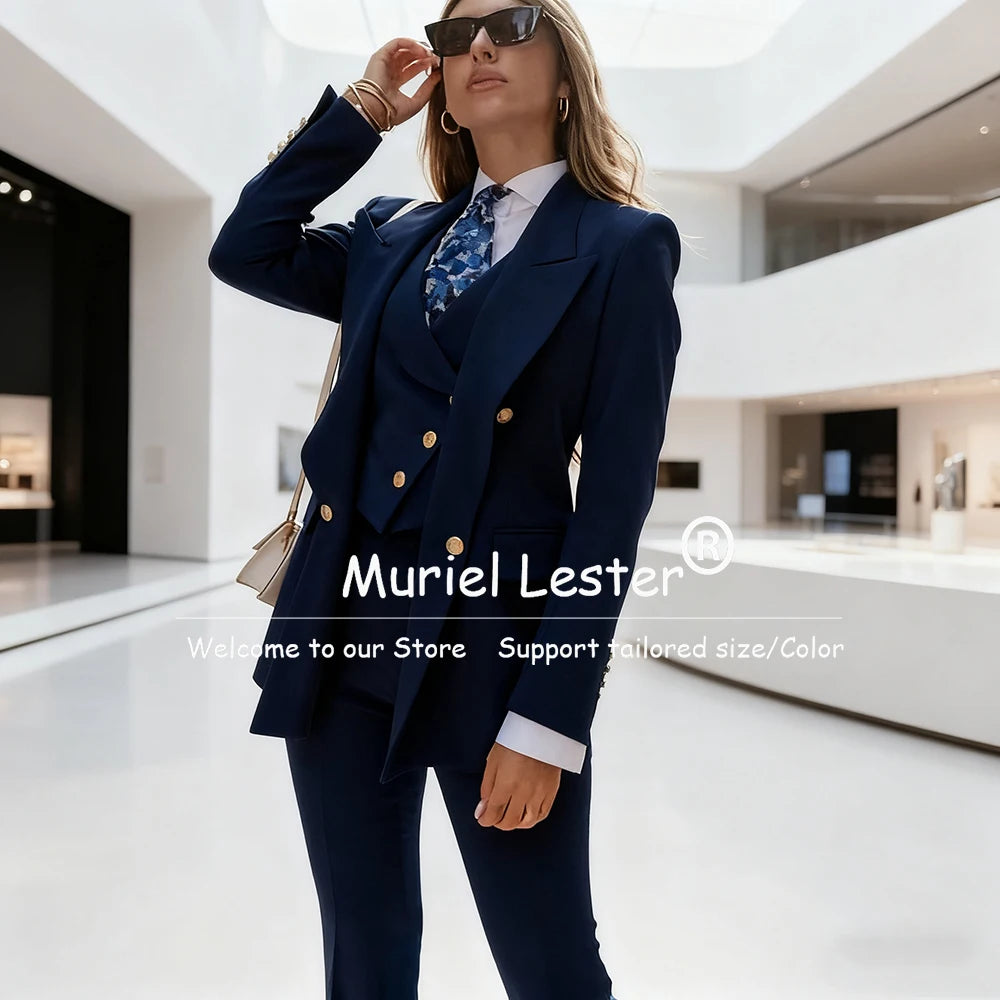 Elegant Blue Women's Suits Double Breasted 3 Piece Sets Jacket Pants Vest Female Clothing Slim Fit Smart Office Lady Blazer