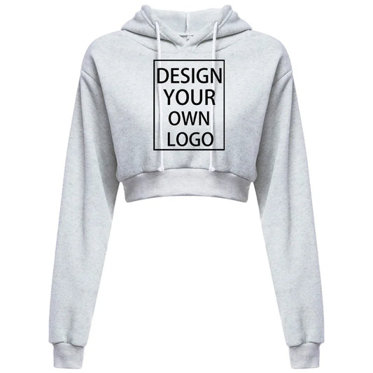 Customized Fashion Womens Sexy Casual Long Sleeve Hooded Short Sweatshirt Plain Crop Tops Pullover Hooded Sweatshirt