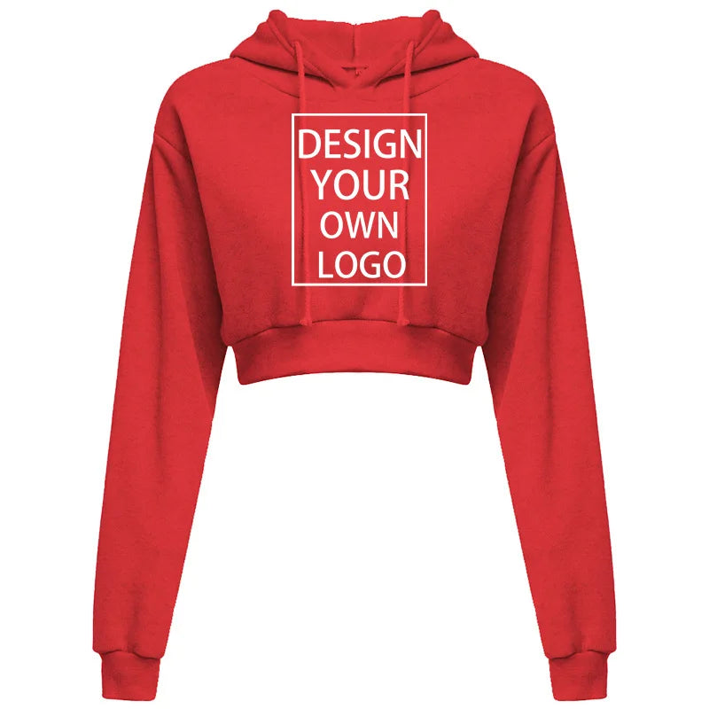 Customized Fashion Womens Sexy Casual Long Sleeve Hooded Short Sweatshirt Plain Crop Tops Pullover Hooded Sweatshirt