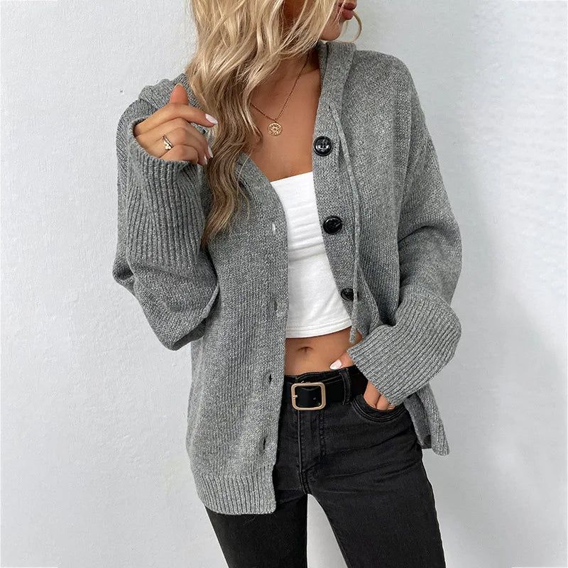 Women New Solid Hooded Sweatshirt Long Sleeve Knitted Cardigan Coat 2025 Autumn Winter Casual V-neck Buttons Loose Hooded Coat