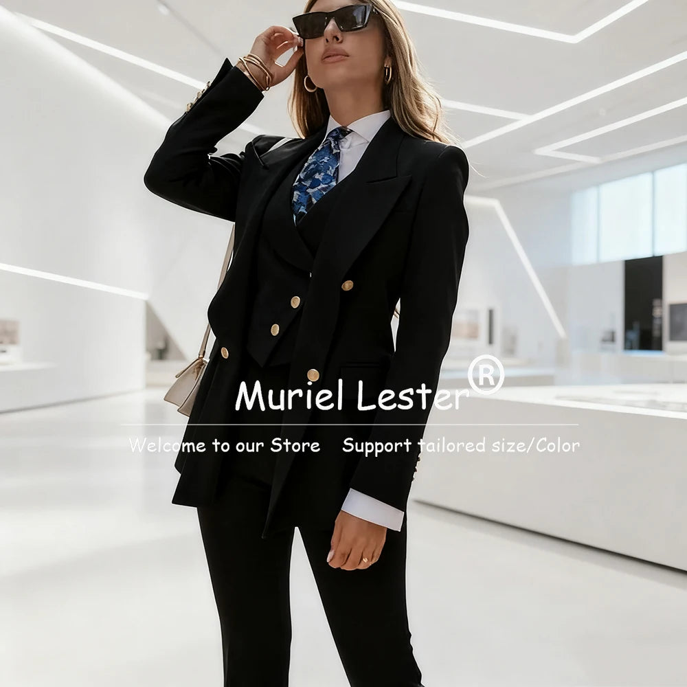 Elegant Blue Women's Suits Double Breasted 3 Piece Sets Jacket Pants Vest Female Clothing Slim Fit Smart Office Lady Blazer