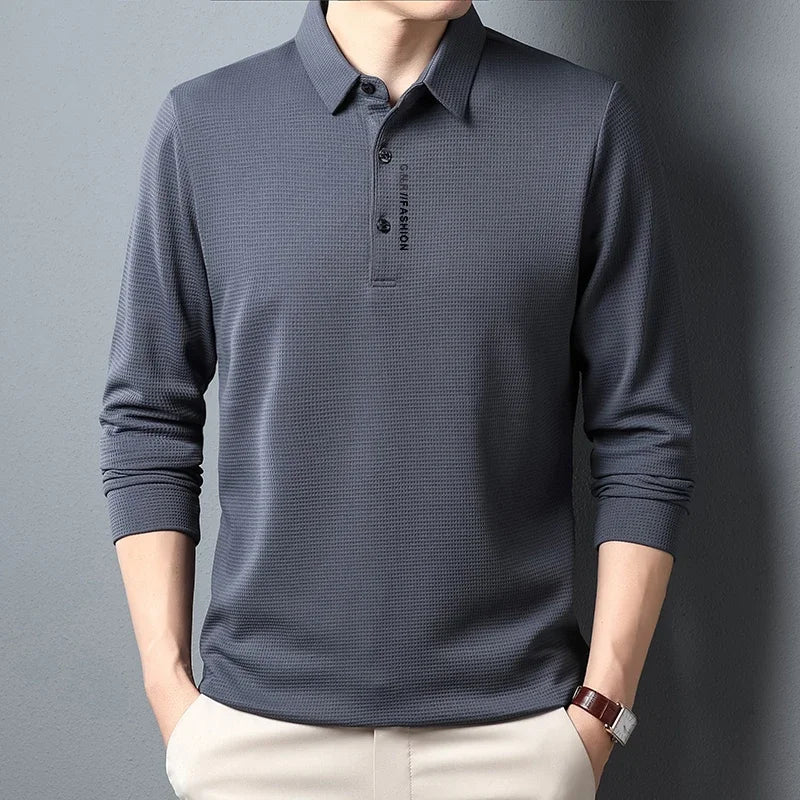 Men's Waffle Long Sleeved POLO Shirt with Letter Printed Lapel Casual Top