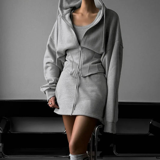 2025 Spring Casual Style Slim Fit Hooded Sweatshirt Solid Color Three Piece Set