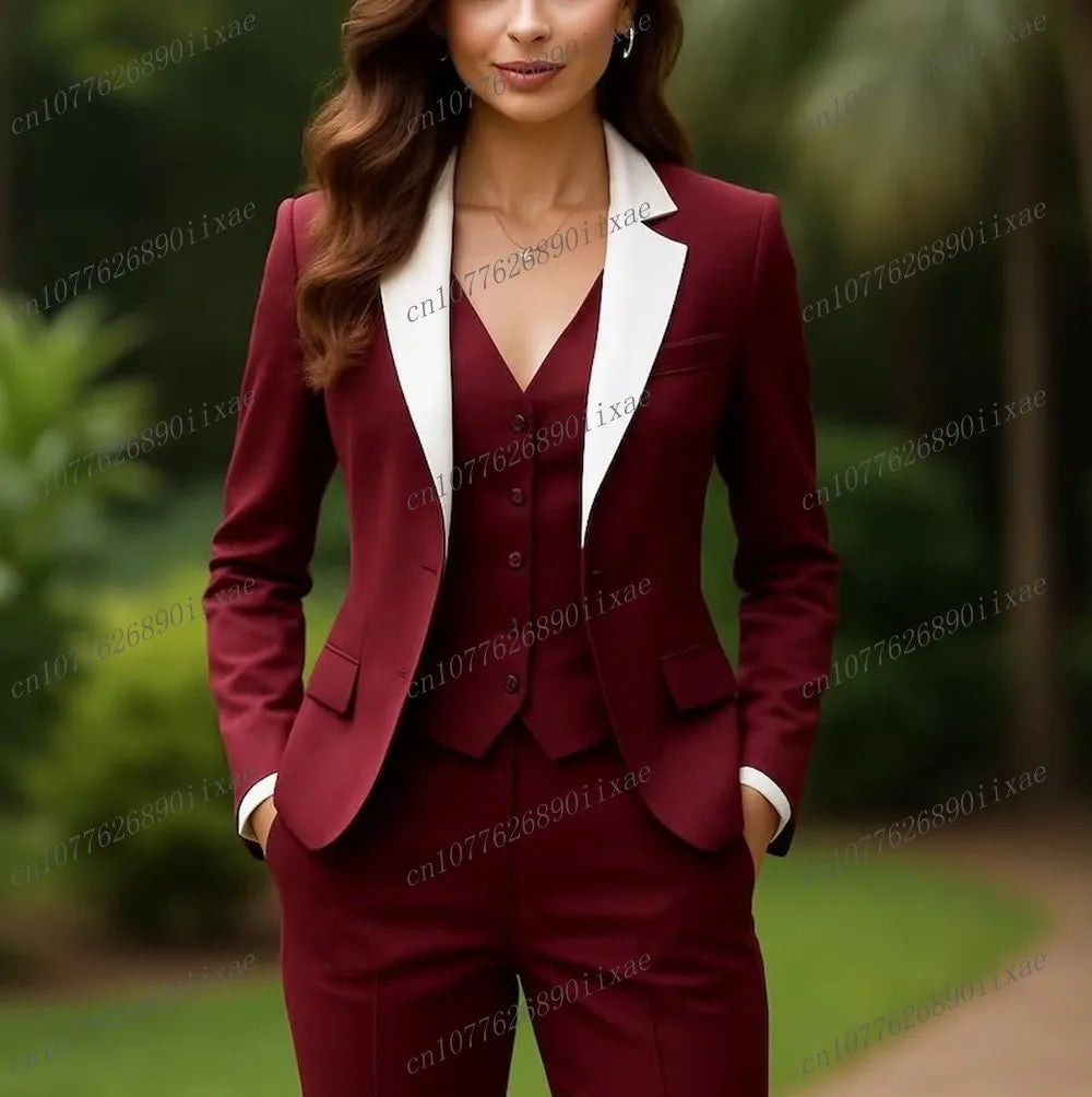 White Collar Burgundy Women Suits Lady Business Office Mother Wedding Party Formal Ladies 3 Piece Set Jacket Vest Pants