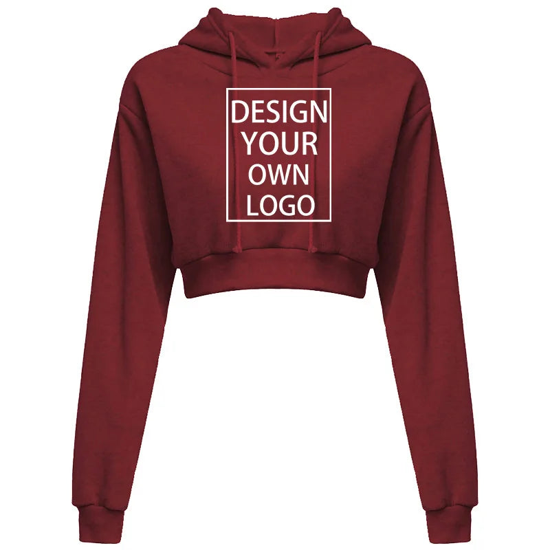 Customized Fashion Womens Sexy Casual Long Sleeve Hooded Short Sweatshirt Plain Crop Tops Pullover Hooded Sweatshirt