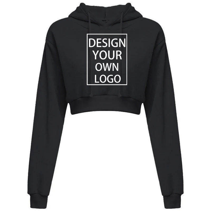 Customized Fashion Womens Sexy Casual Long Sleeve Hooded Short Sweatshirt Plain Crop Tops Pullover Hooded Sweatshirt