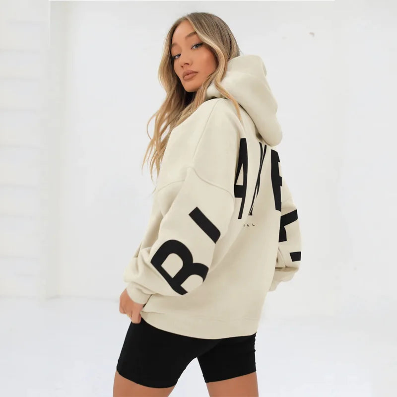 2025 Elegant Women Chic Hoodies Fashion Autumn Winter Fleece Long Sleeve Solid Color Hooded Top Casual Office Lady Sweatshirts