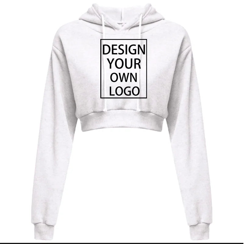 Customized Fashion Womens Sexy Casual Long Sleeve Hooded Short Sweatshirt Plain Crop Tops Pullover Hooded Sweatshirt