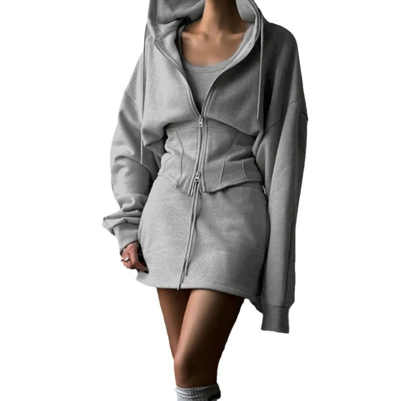 2025 Spring Casual Style Slim Fit Hooded Sweatshirt Solid Color Three Piece Set