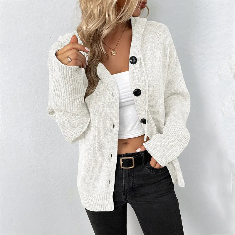 Women New Solid Hooded Sweatshirt Long Sleeve Knitted Cardigan Coat 2025 Autumn Winter Casual V-neck Buttons Loose Hooded Coat