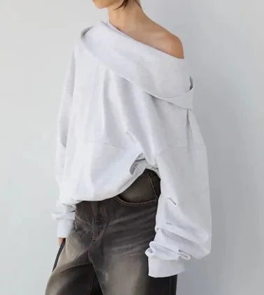 Off-The-Shoulder Hoodie 2025 Autumn Winter Solid Color Hooded Sweatshirt for Women Loose Comfortable Laid-back Streetwear Style
