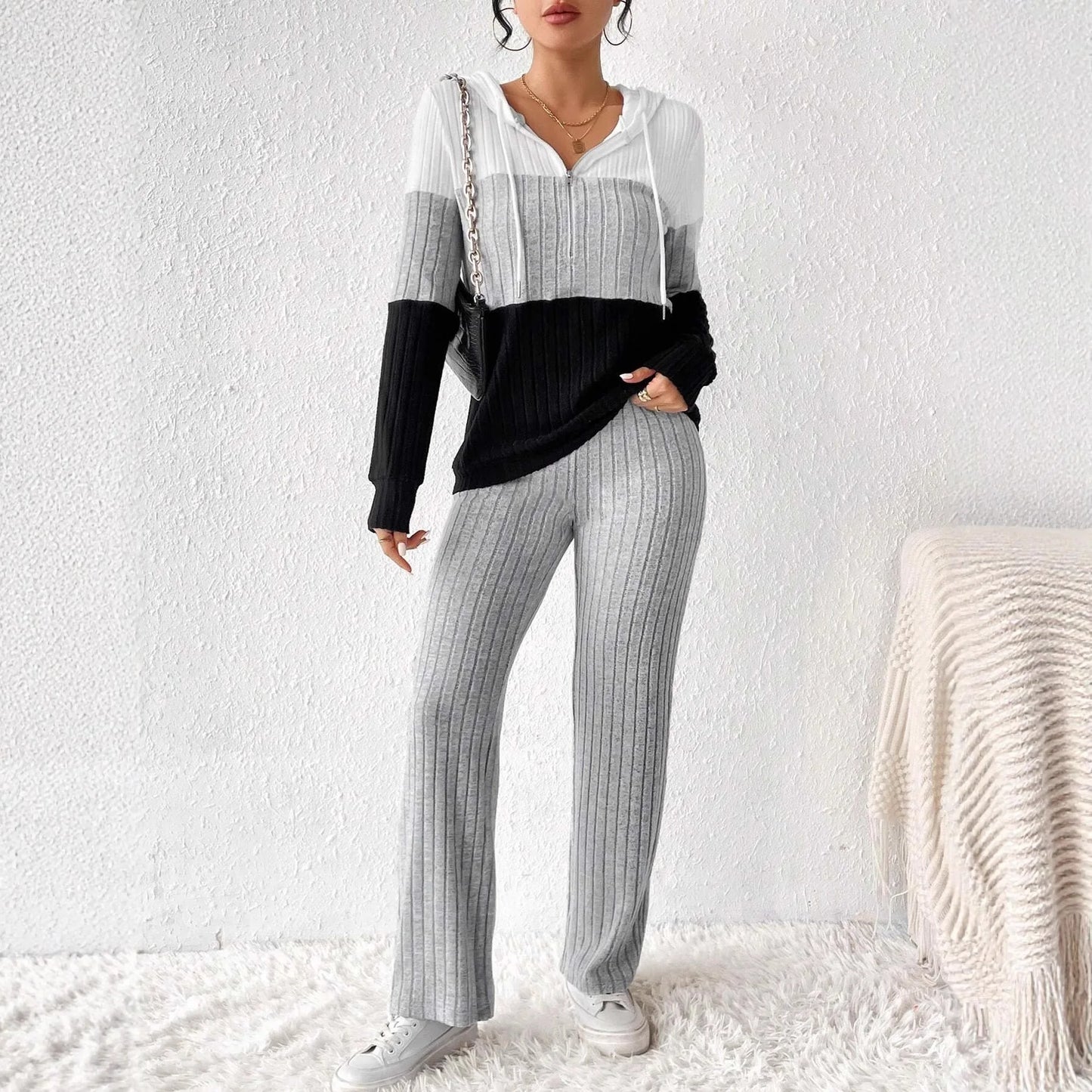 Hooded Top Pants 2-piece Set Fashionable Long-sleeved For Women Autumn Winter Solid Color Loose Knitted Sweatshirt Suit Female