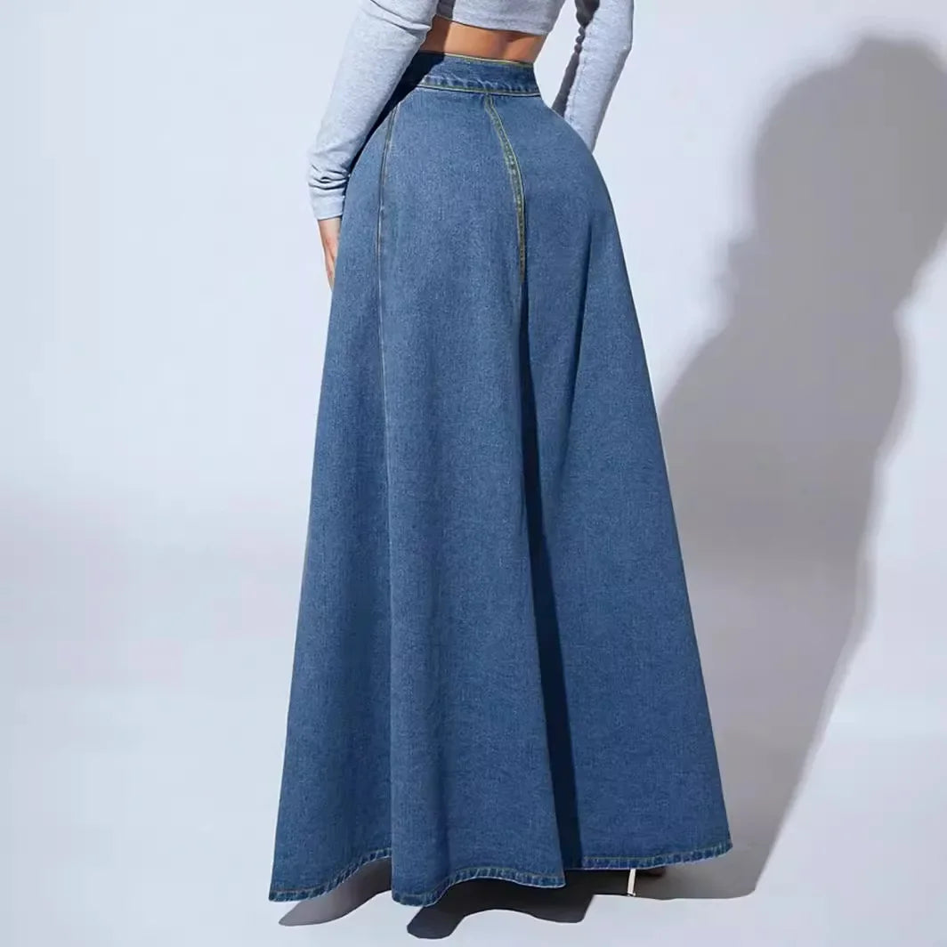 Denim Skirts Women Long Skirt A Line Single Breasted High Waist Jeans Vintage Maxi Simple Casual Elegant Splice Y2k Streetwear