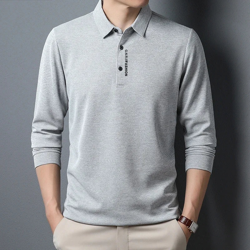 Men's Waffle Long Sleeved POLO Shirt with Letter Printed Lapel Casual Top