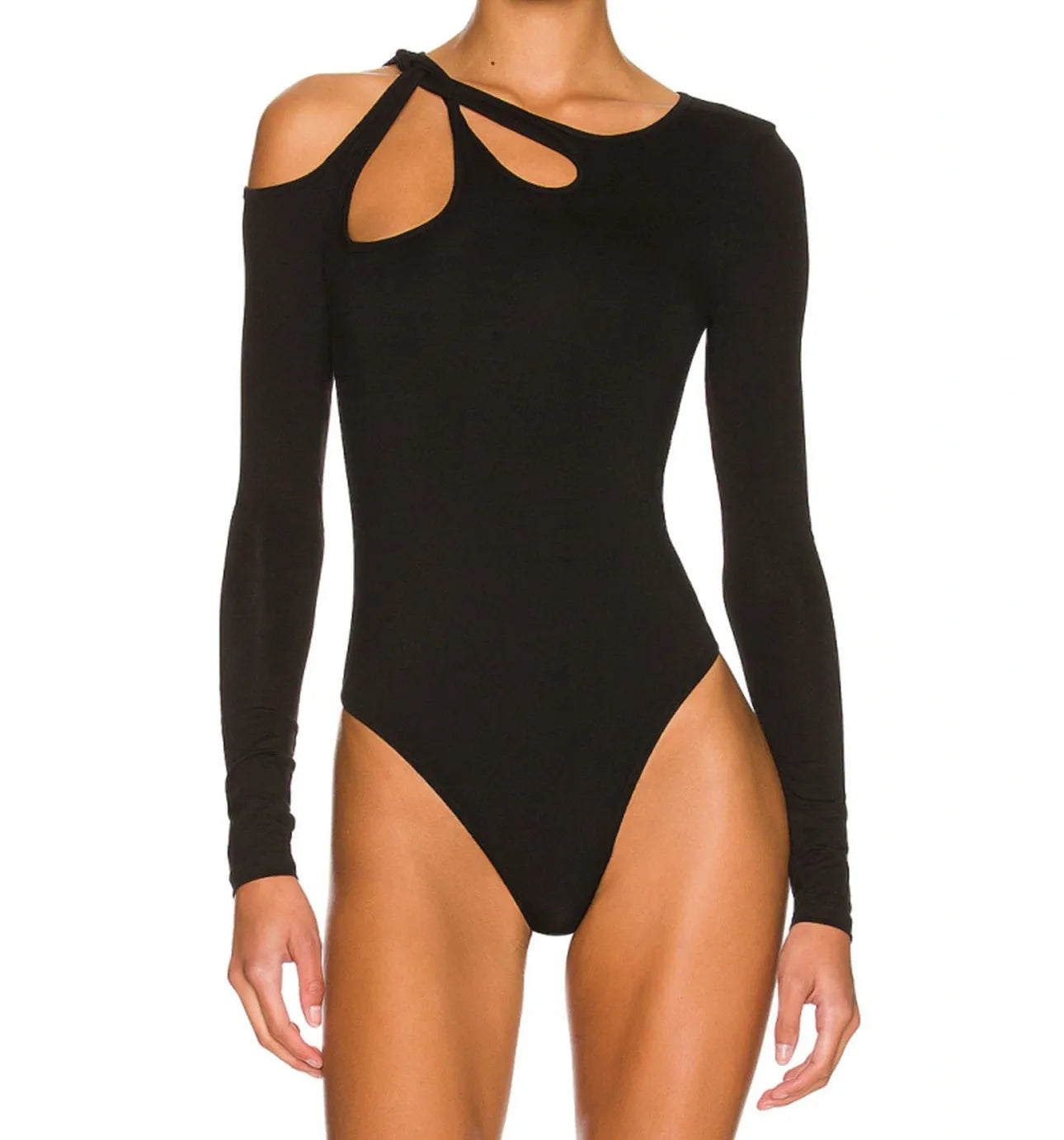 New Fashion Womens Black Bodysuit Stylish Solid Color Slim Fit Cut Out Long Sleeve Romper For Spring Summer S-XL