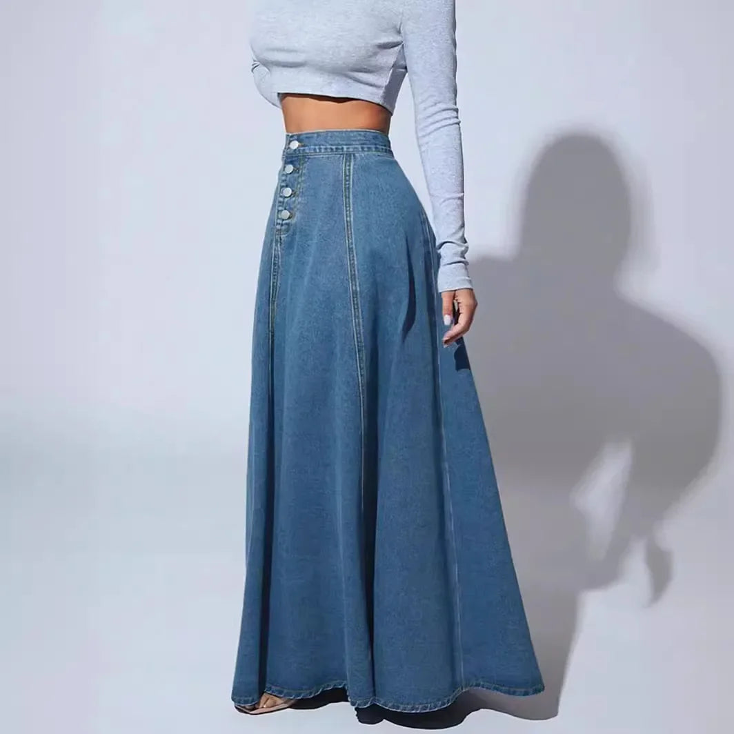 Denim Skirts Women Long Skirt A Line Single Breasted High Waist Jeans Vintage Maxi Simple Casual Elegant Splice Y2k Streetwear