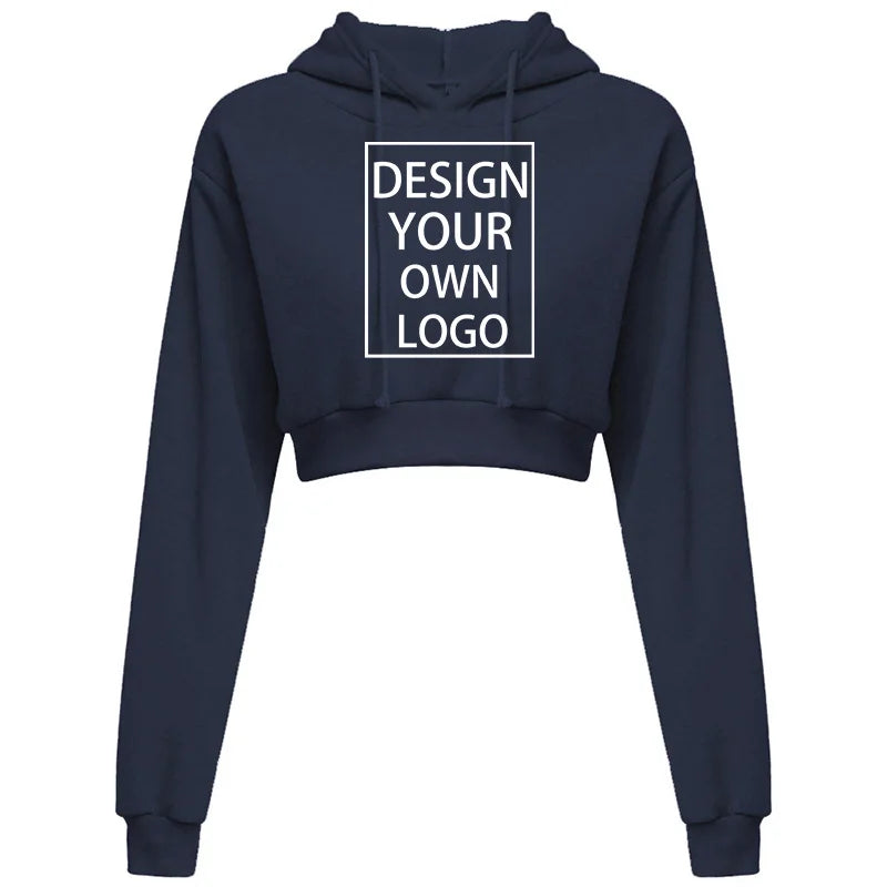 Customized Fashion Womens Sexy Casual Long Sleeve Hooded Short Sweatshirt Plain Crop Tops Pullover Hooded Sweatshirt