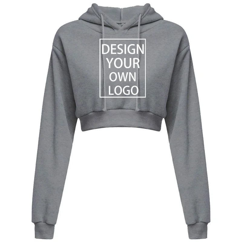 Customized Fashion Womens Sexy Casual Long Sleeve Hooded Short Sweatshirt Plain Crop Tops Pullover Hooded Sweatshirt